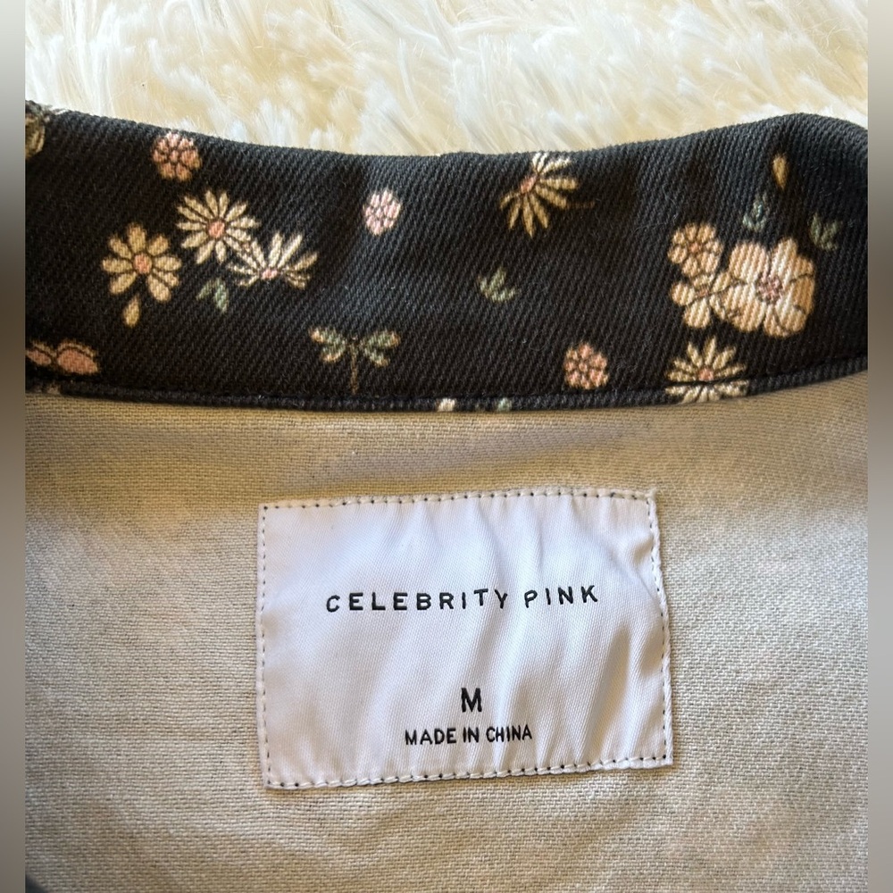 Celebrity Pink | Black Denim Puff Sleeve Jean Jacket with Floral Print - Picture 10 of 11